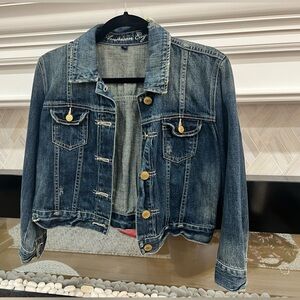American Eagle Outfitters Cropped Blue Denim Distressed Jacket Size Large